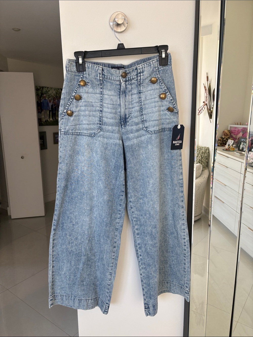 Nautica Light Wash Wide-Leg High-Rise Jeans with Brass Buttons